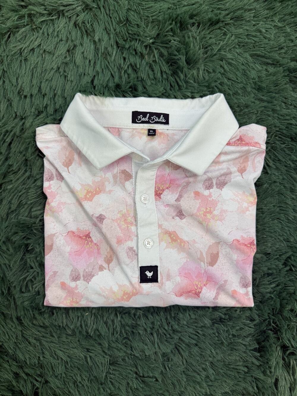 Bad Birdie Men's XL Floral Performance Golf Polo Shirt Pink White Short Sleeve